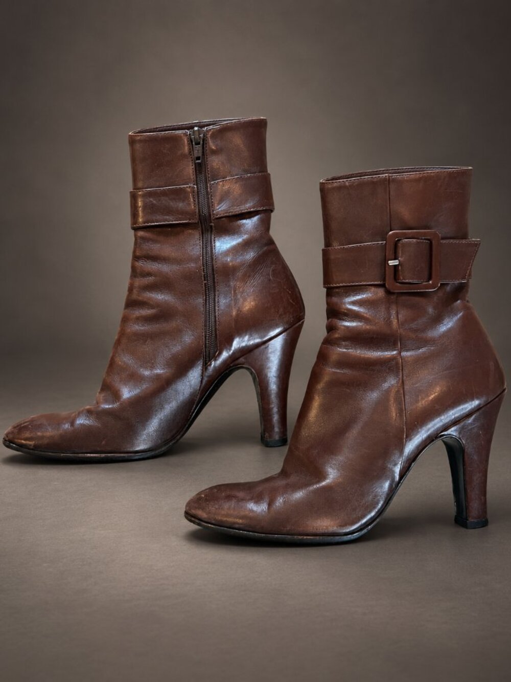 Barneys New York CO-OP Leather Buckle Ankle Boots Y2K Brown Heeled Size 36 US 6